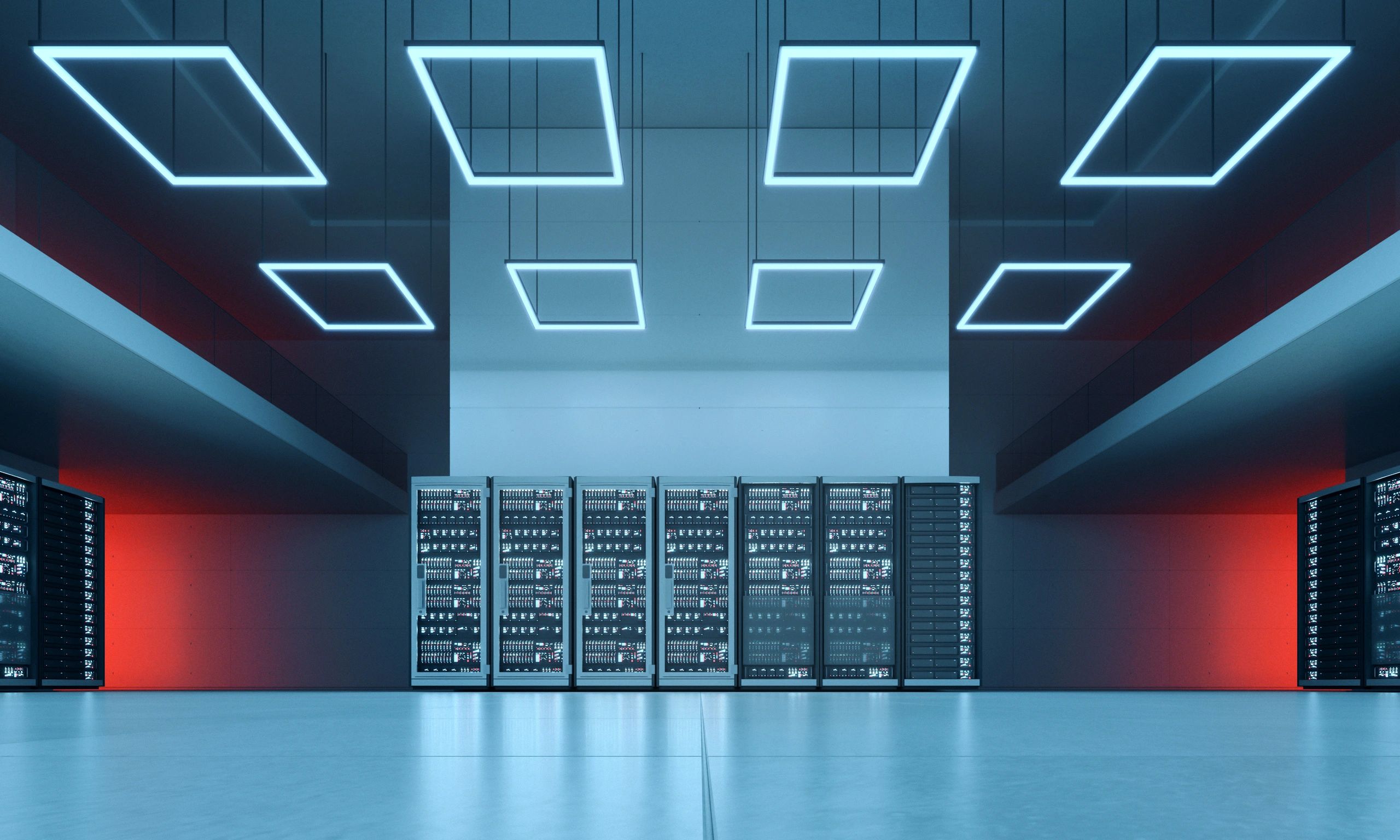 Futuristic data center with server racks and blue lighting