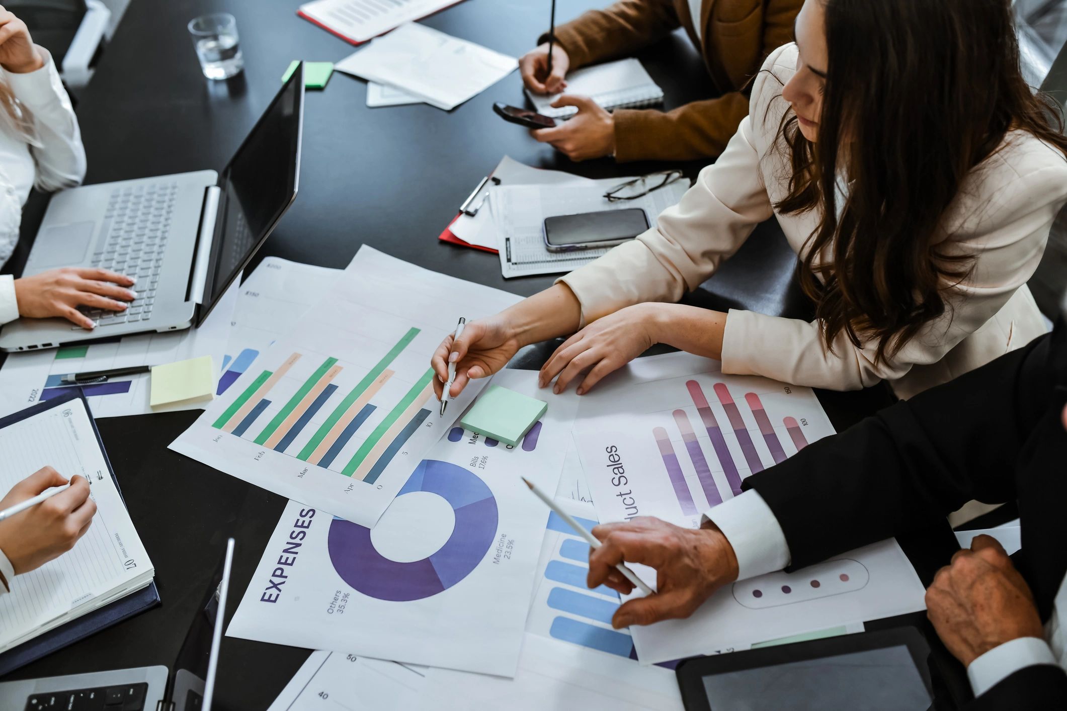 Team reviewing charts and graphs in a meeting